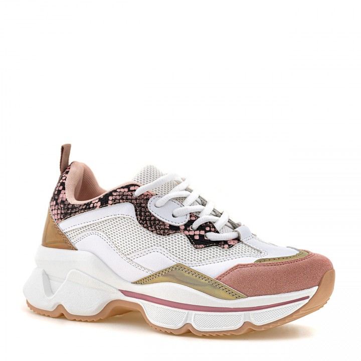 Różowe sneakersy na wysokiej podeszwie ze wstawką animal print