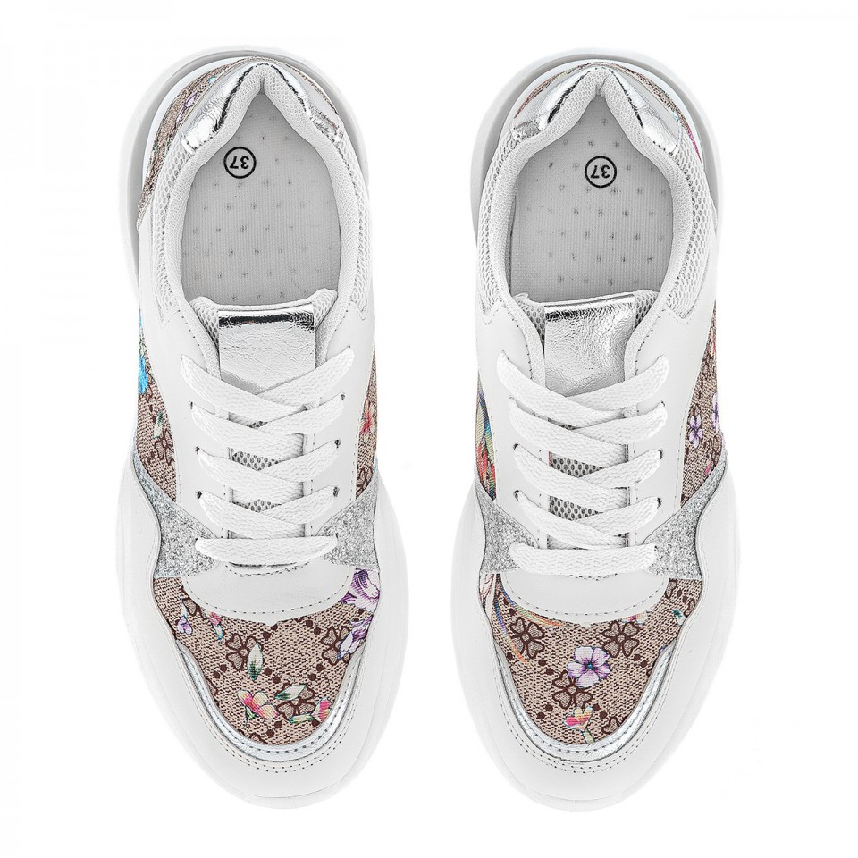 Białe damskie sneakersy na wygodnej podeszwie zdobione kwiatami i brokatem