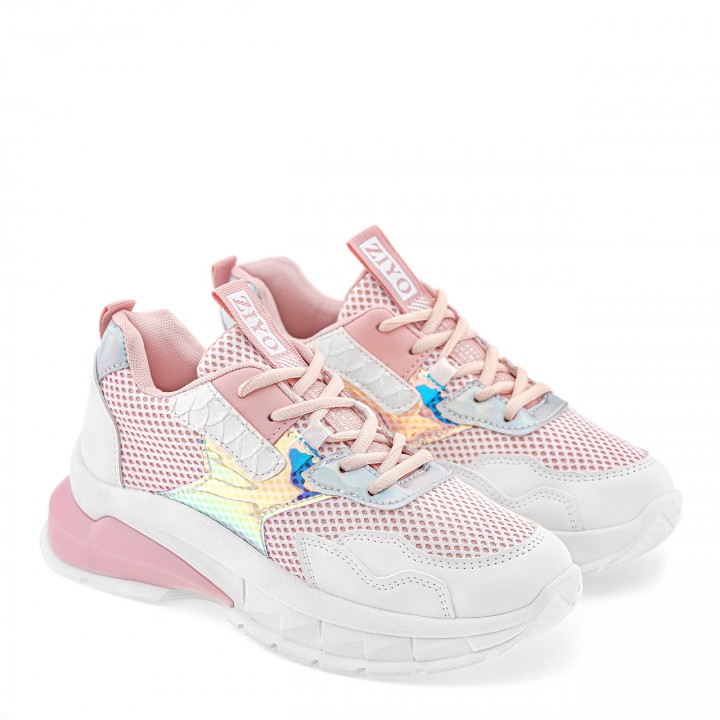 Różowo-białe sneakersy na wysokiej podeszwie z holograficzną wstawką