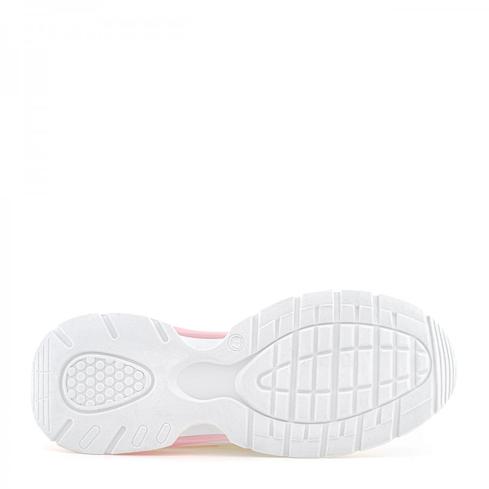 Różowo-białe sneakersy na wysokiej podeszwie z holograficzną wstawką
