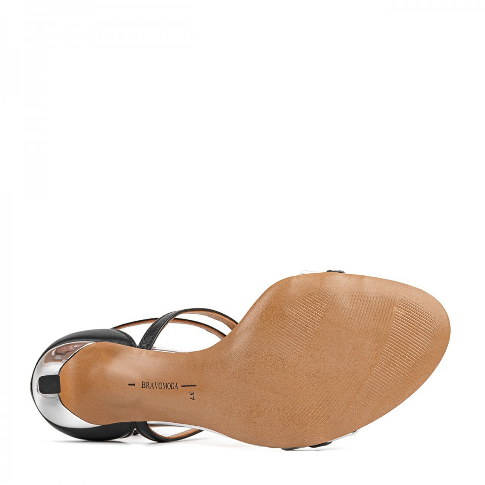 Czarno-srebrne sandały z naturalnej licowej skóry premium na wysokiej szpilce